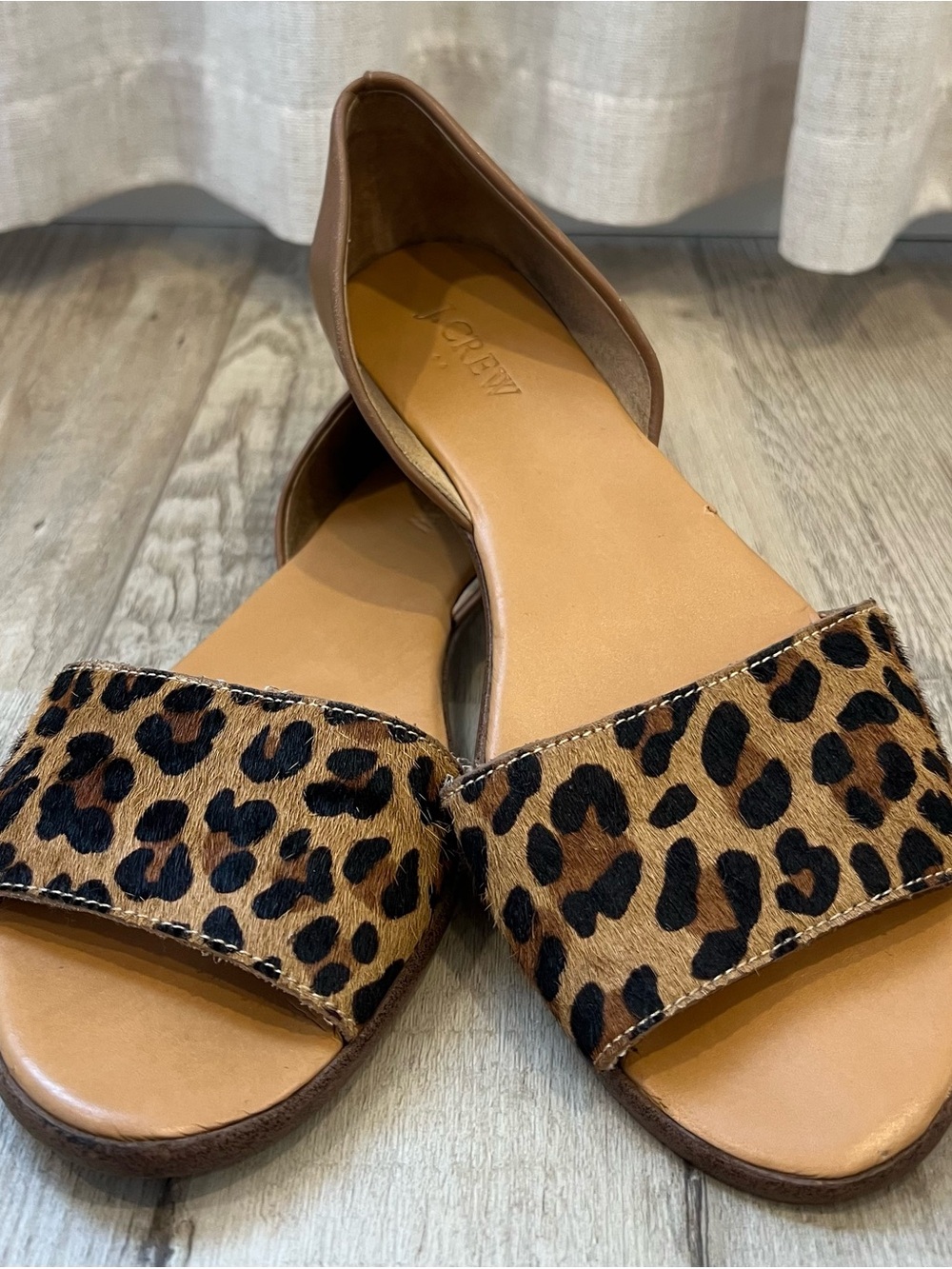 J. Crew Leopard-Print Peep-Toe Flats in Tan